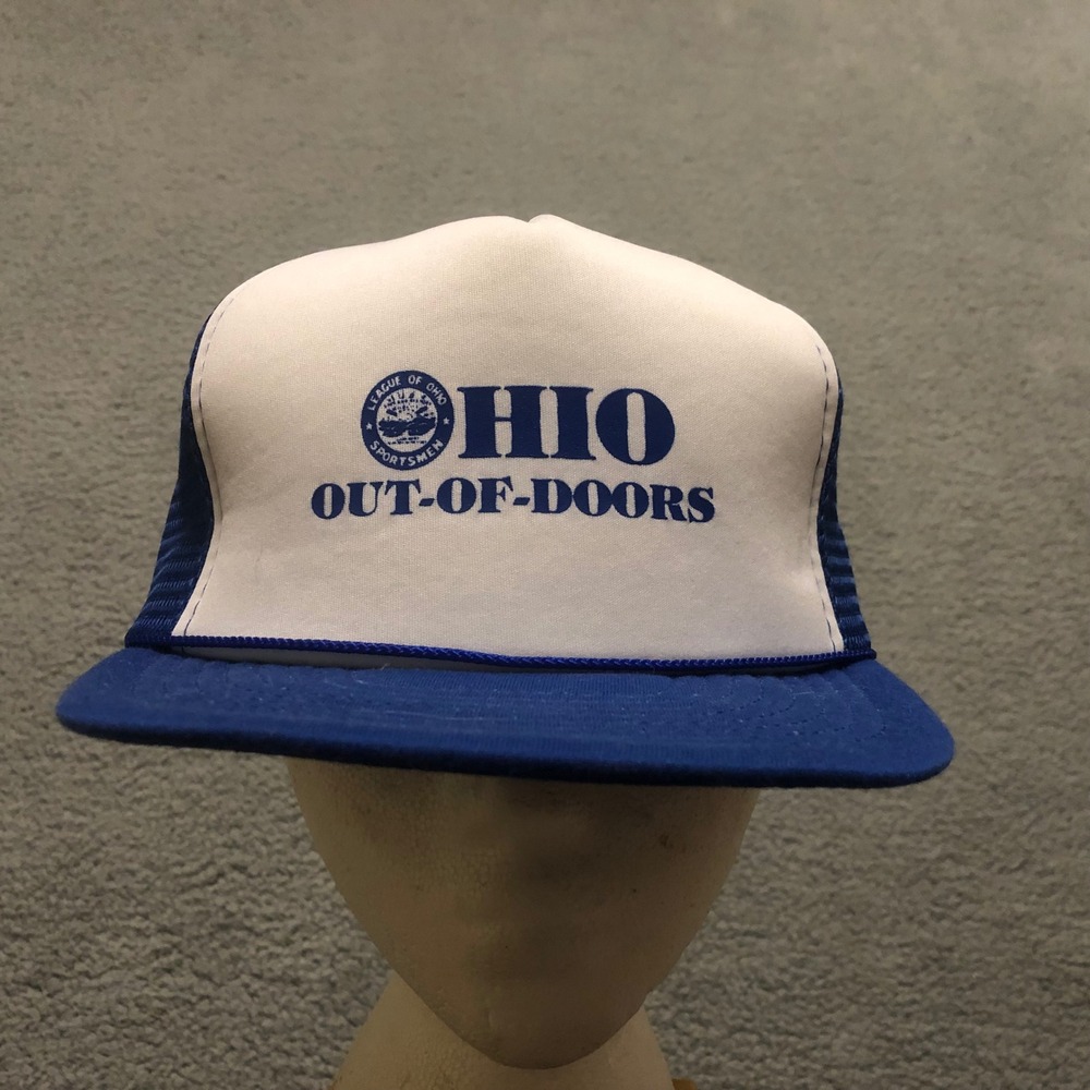 Vintage Ohio Out-Of-Doors Hunting Fishing Trucker Hat Blue White Mesh Snapback